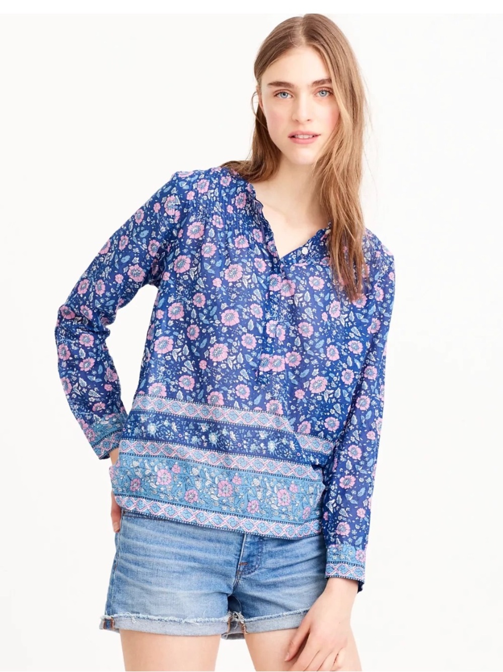 JCREW 100% Cotton Voile popover in floral block print Blue Small - Picture 2 of 14